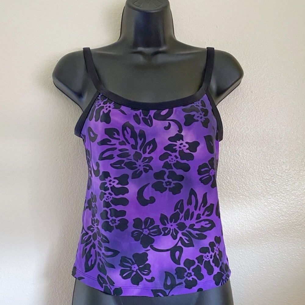 Speedo Purple Black Floral Tropical Tankini Swim Top - Size 10